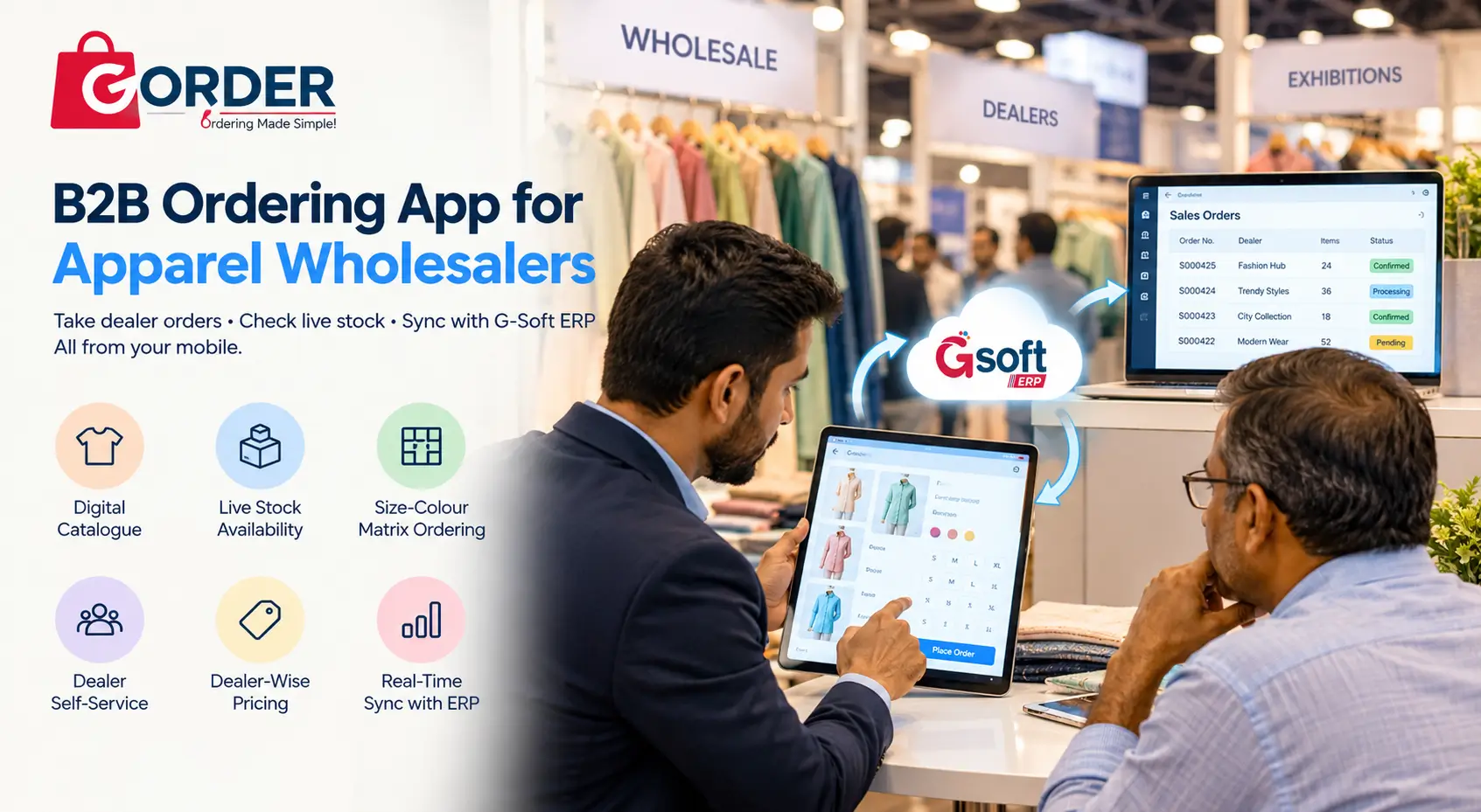 G-Order B2B mobile ordering app for apparel wholesalers with real-time order syncing to G-Soft ERP.