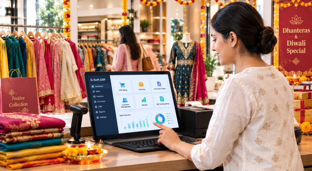 Apparel retailer maximising Dhanteras Diwali sales 2026 with G-Soft ERP POS billing and ethnic wear festive collection