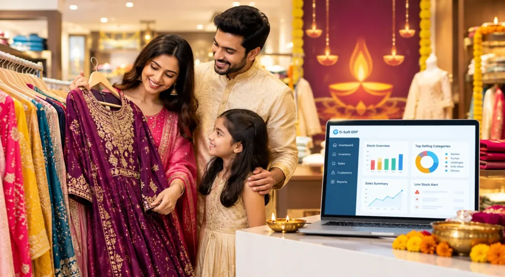 Diwali apparel shopping with festive ethnic wear and G-Soft ERP inventory management dashboard